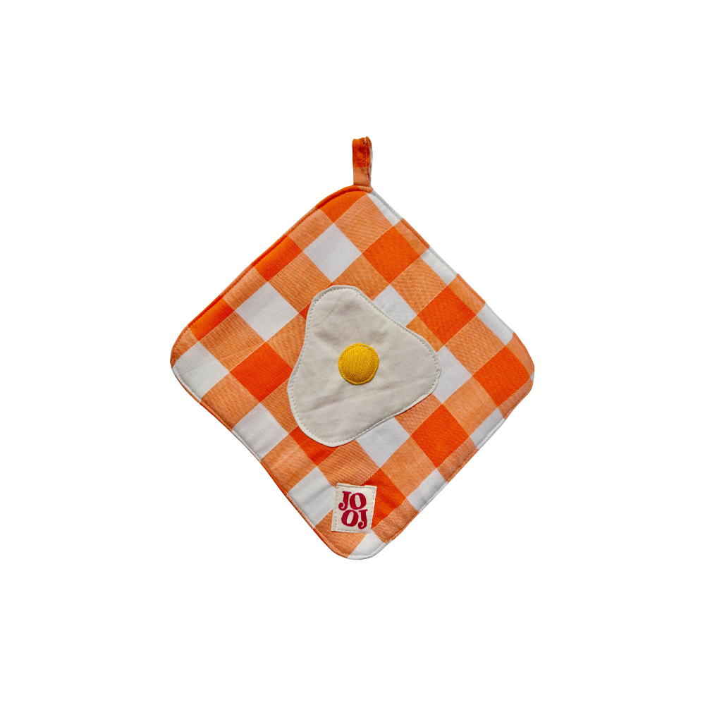 Ensemble manique + gant œuf au plat sur fond vichy orange
