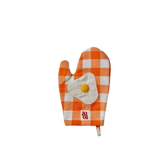 Ensemble manique + gant œuf au plat sur fond vichy orange