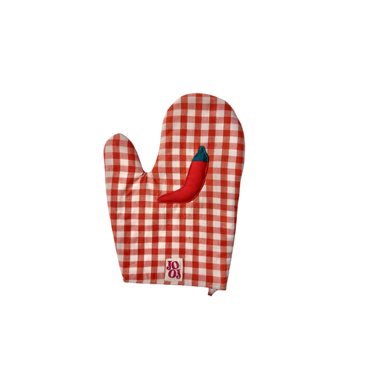 Ensemble manique + gant piment sur fond vichy corail