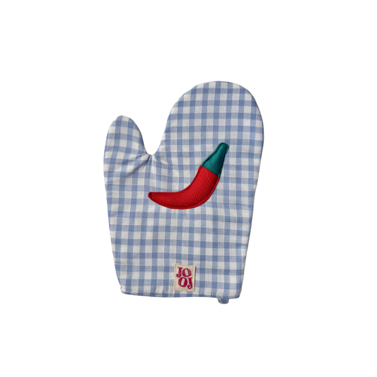 Ensemble manique + gant piment sur fond vichy bleu clair