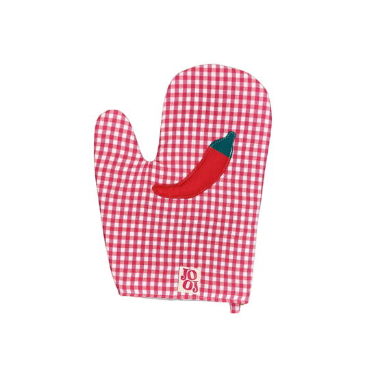 Ensemble manique + gant piment sur fond vichy rose