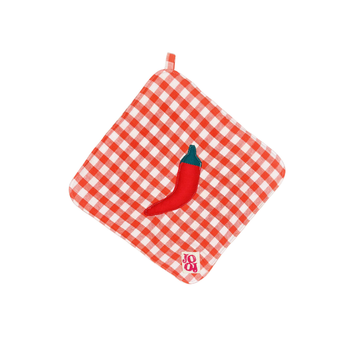 Ensemble manique + gant piment sur fond corail vichy