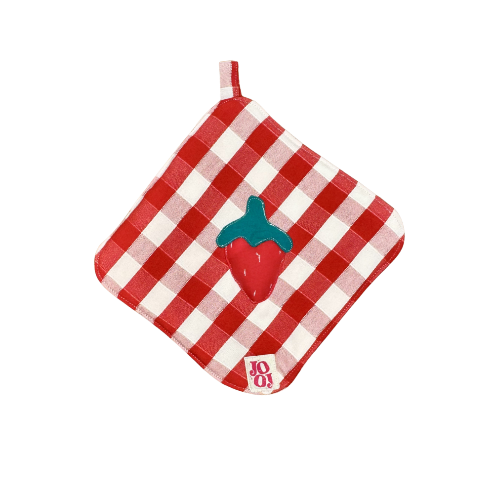 Ensemble manique + gant fraise sur fond vichy rouge