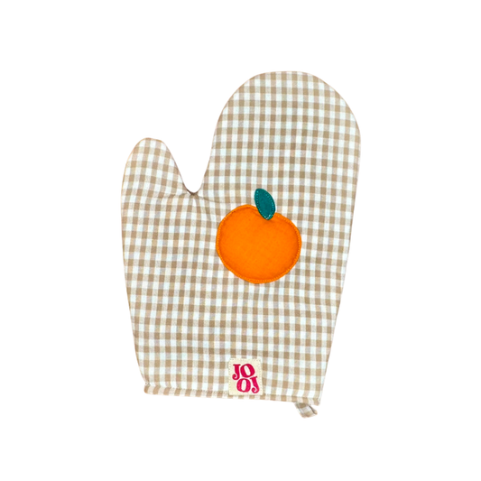 Ensemble manique + gant orange sur fond beige vichy