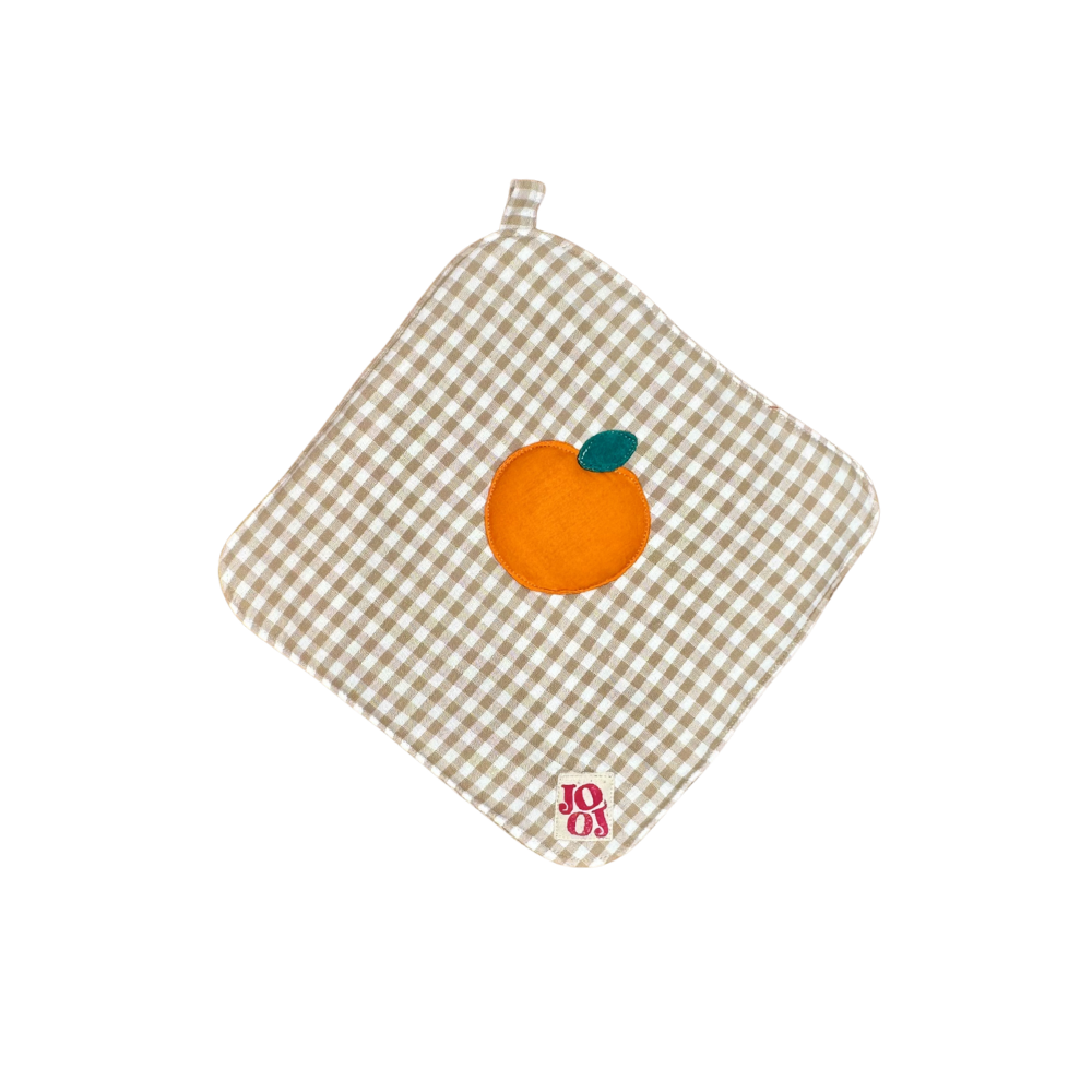 Ensemble manique + gant orange sur fond beige vichy