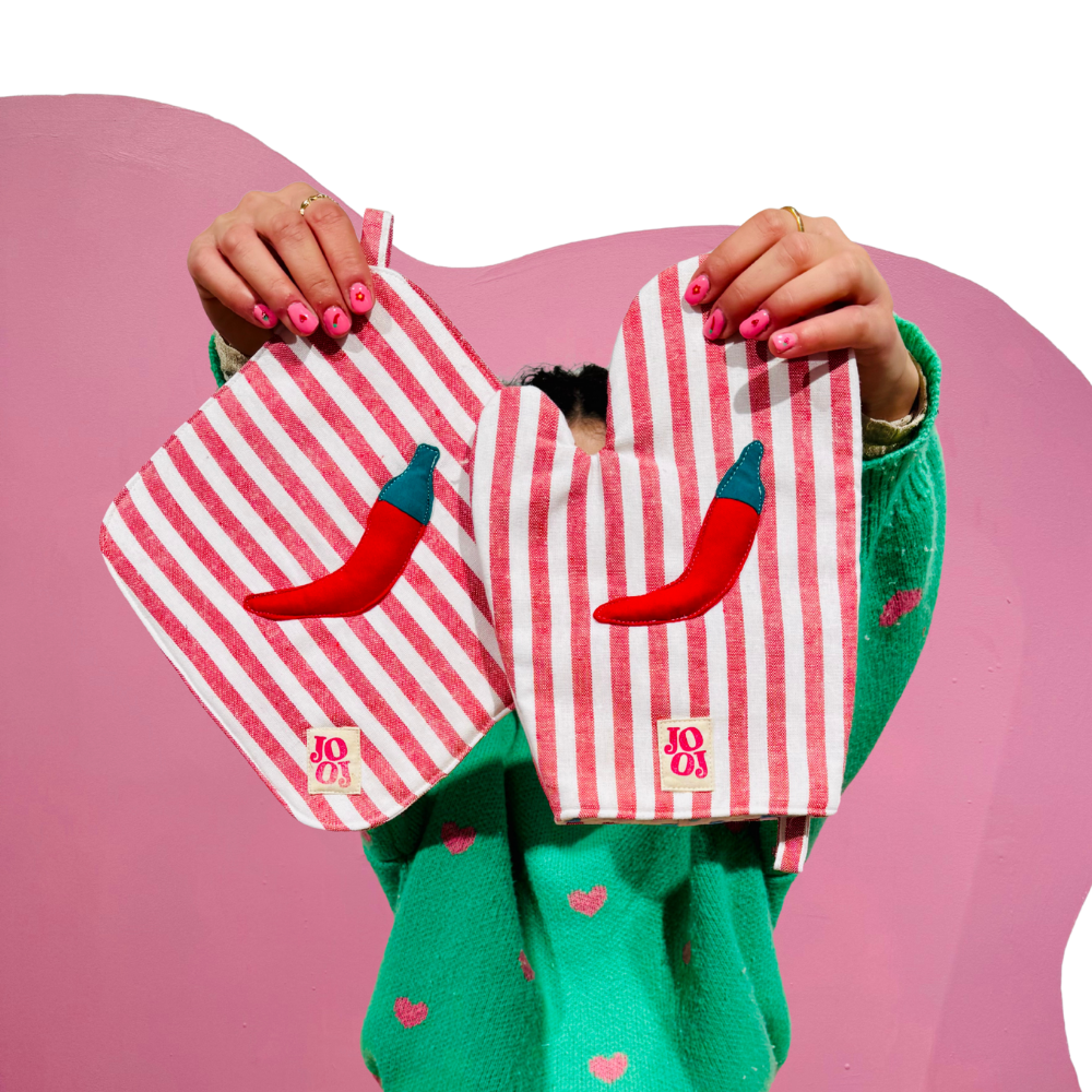 Ensemble manique + gant piment sur fond rayé rouge/blanc