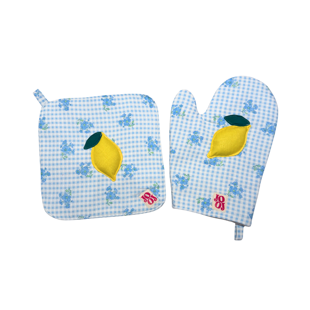 Ensemble manique + gant citron sur fond vichy bleu