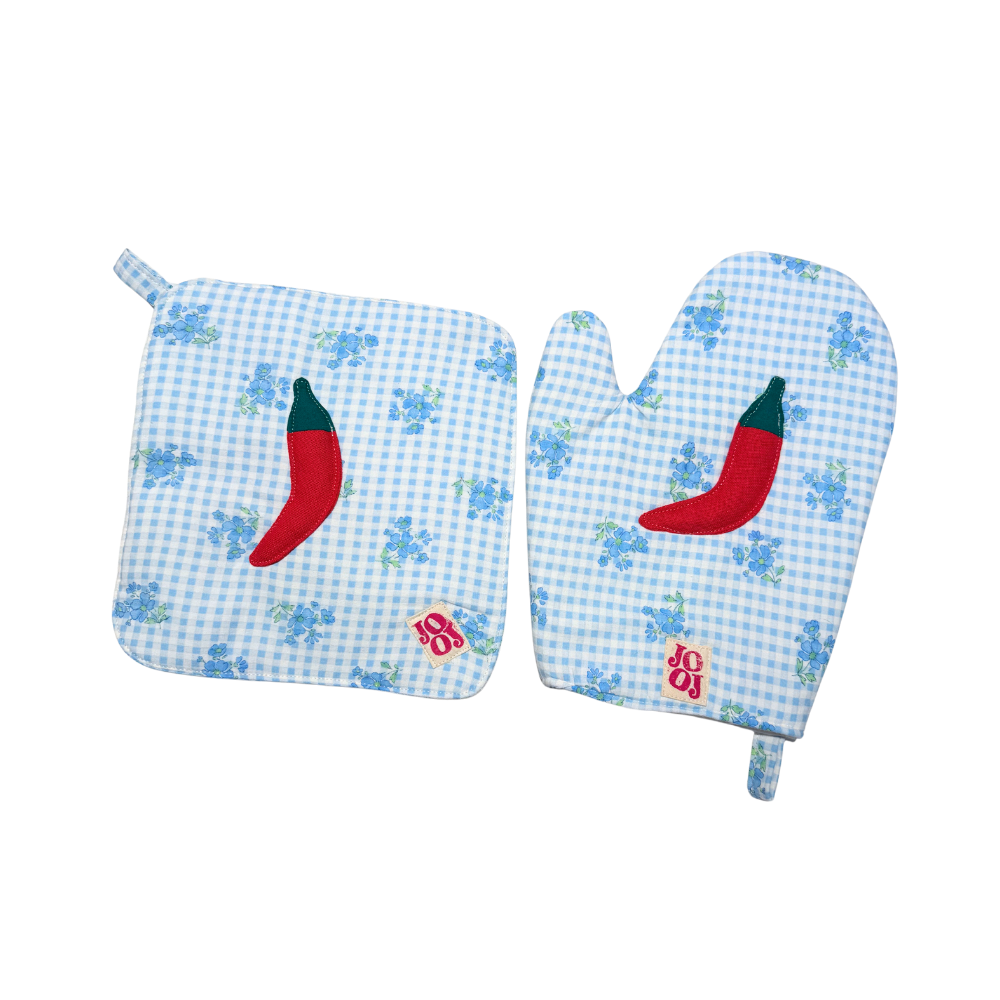 Ensemble manique + gant piment sur fond vichy bleu