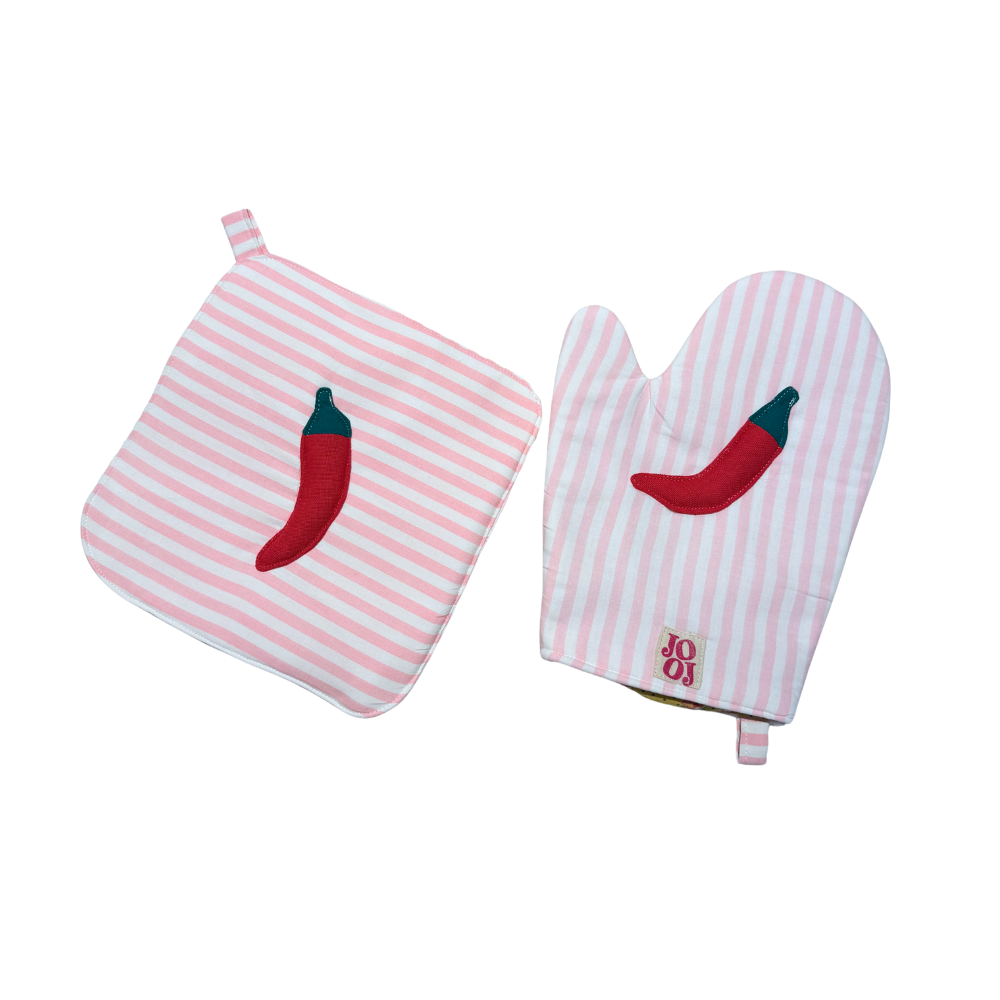 Ensemble manique + gant piment sur fond rayé rose et blanc