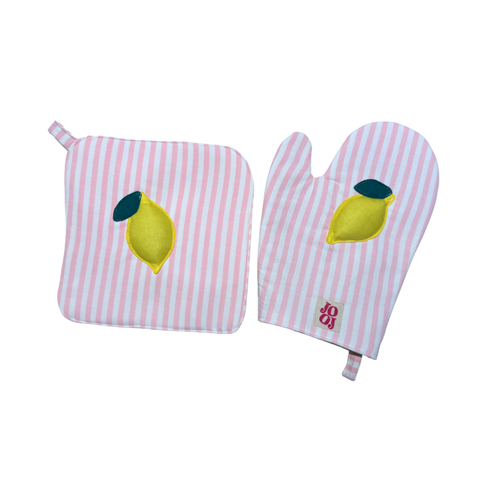 Ensemble manique + gant citron sur fond rayé rose et blanc