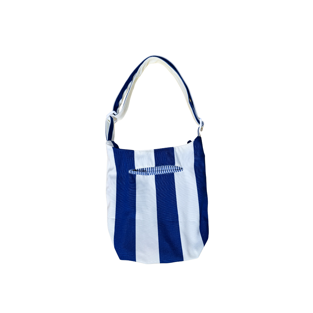 Boursass rayée bleu et blanc à motifs oranges