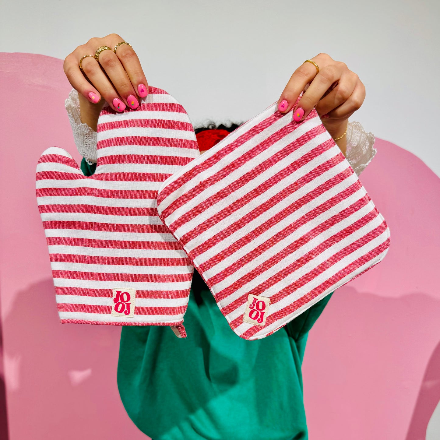 Ensemble manique + gant rayé rouge et blanc