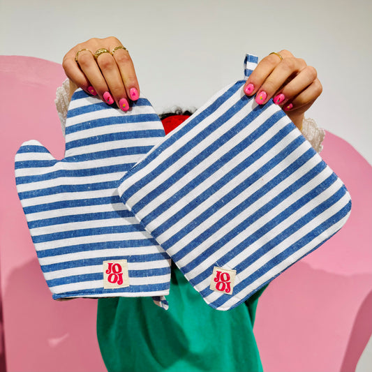 Ensemble manique + gant rayé bleu et blanc