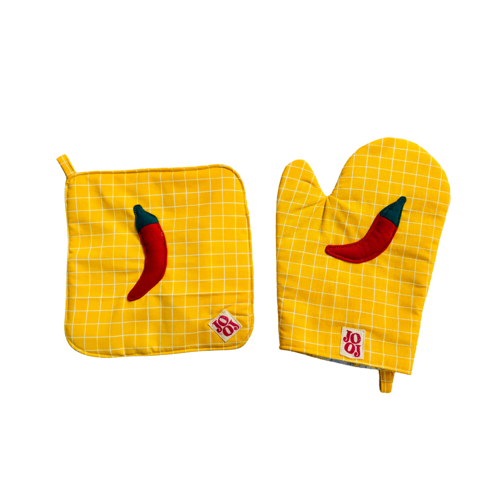 Ensemble manique + gant piment sur fond jaune à carreaux
