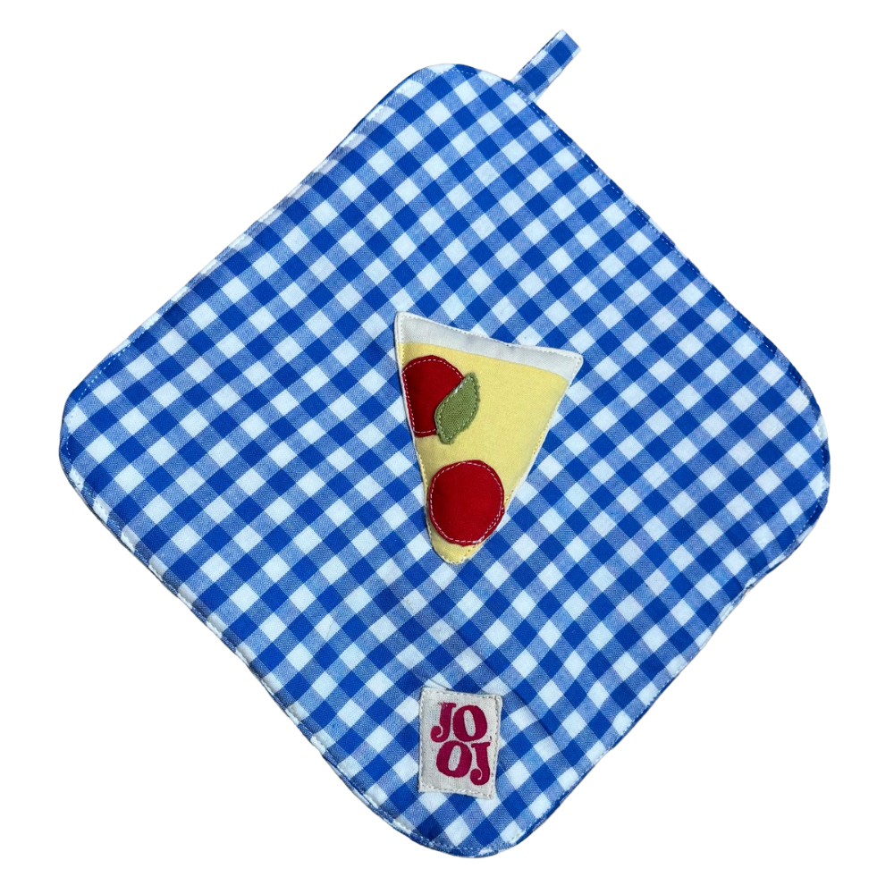 Ensemble manique + gant pizza sur fond vichy bleu (Copie)