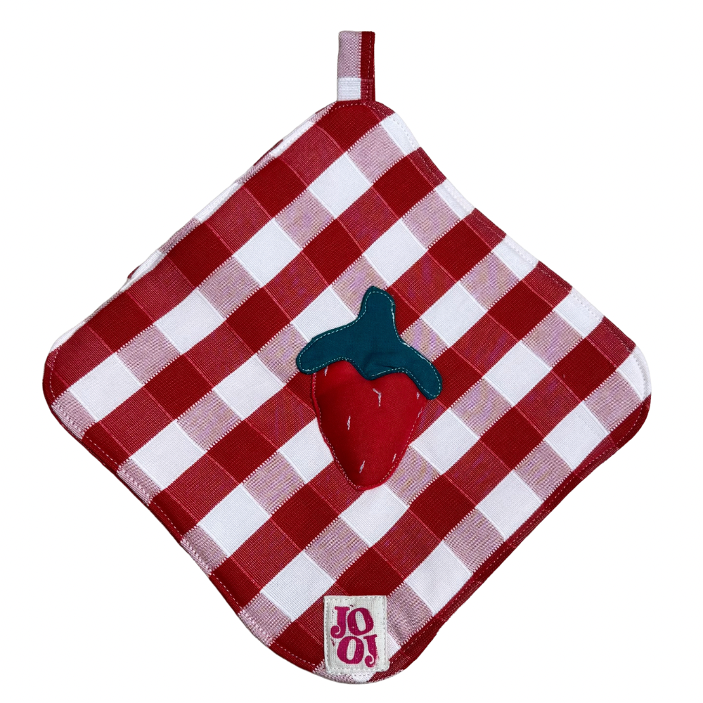 Ensemble manique + gant fraise sur fond vichy rouge