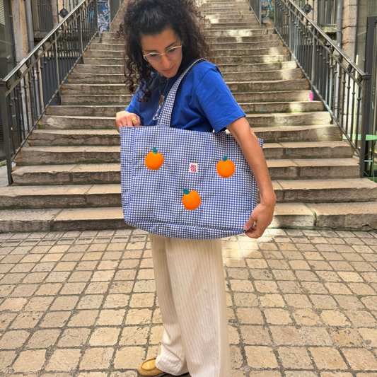 Cabass bleu marine vichy à motifs oranges