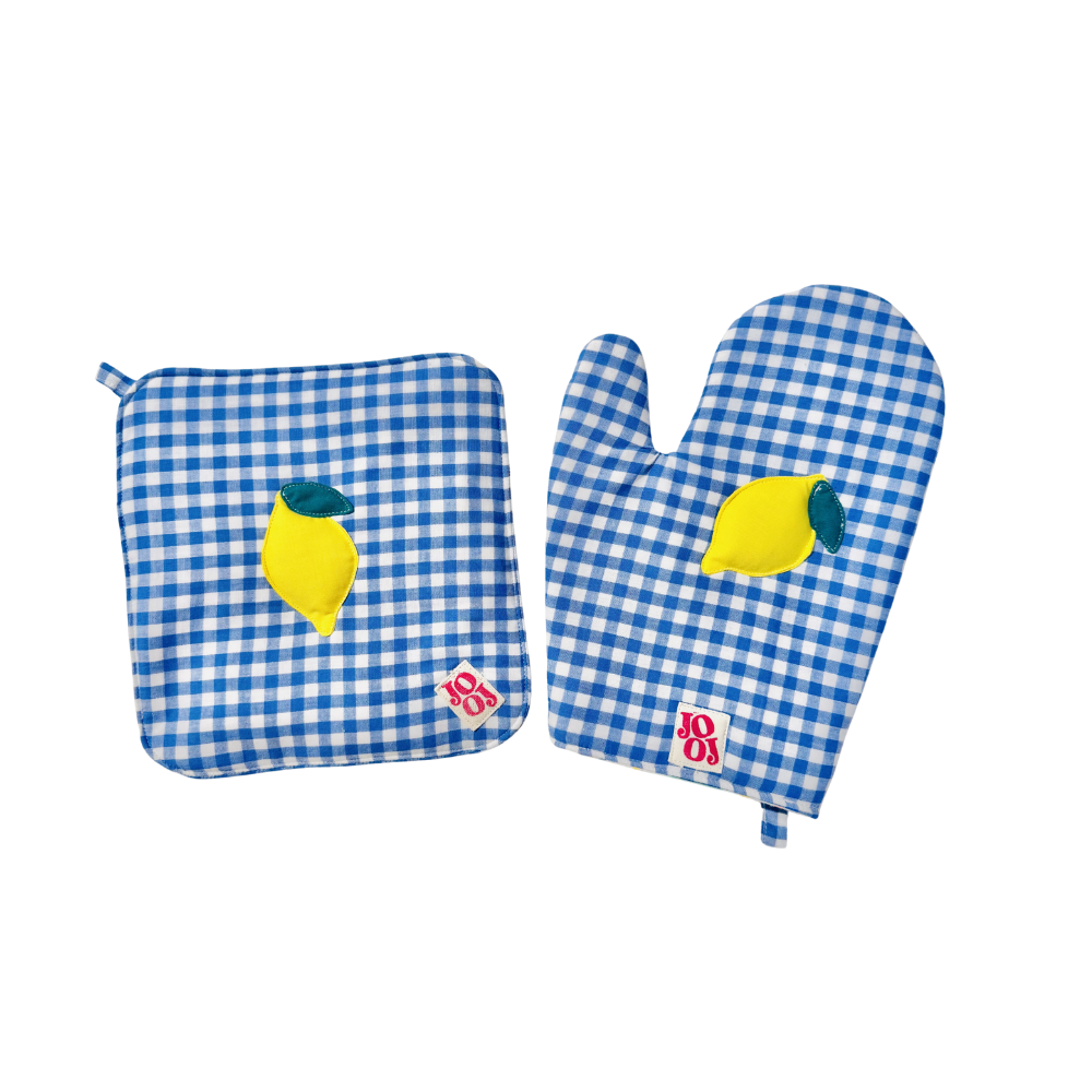 Ensemble manique + gant citron sur fond vichy bleu