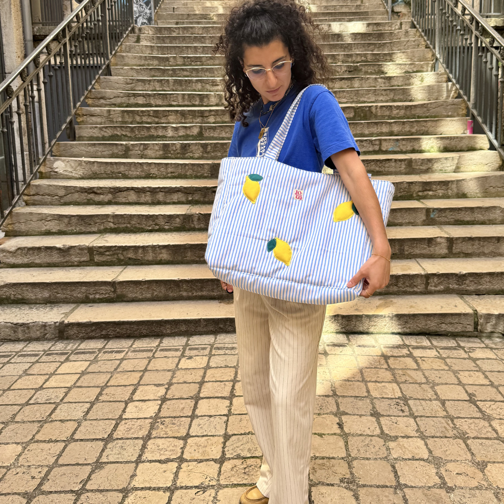 Cabass à rayures bleu / blanc à motifs citrons