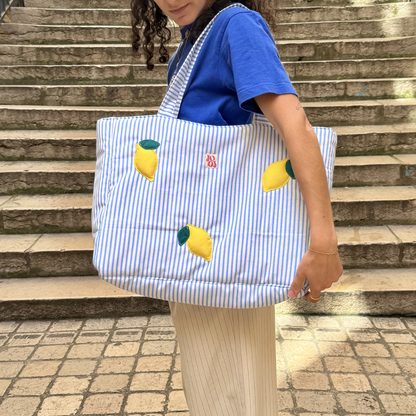 Cabass à rayures bleu / blanc à motifs citrons