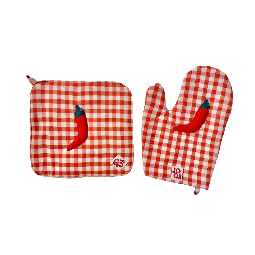 Ensemble manique + gant piment sur fond vichy corail