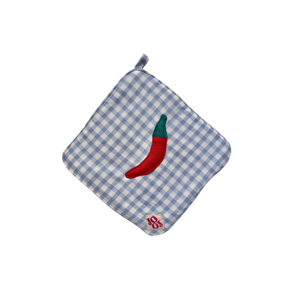 Ensemble manique + gant piment sur fond vichy bleu clair
