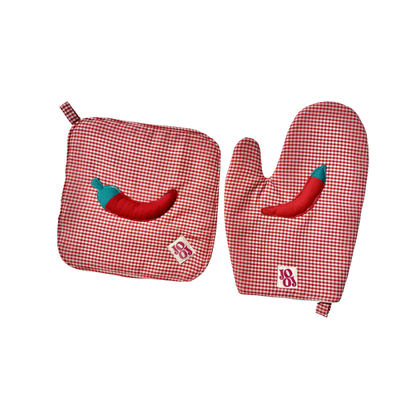 Ensemble manique + gant piment sur fond vichy rouge