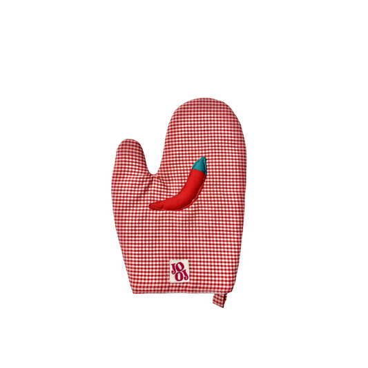 Ensemble manique + gant piment sur fond vichy rouge