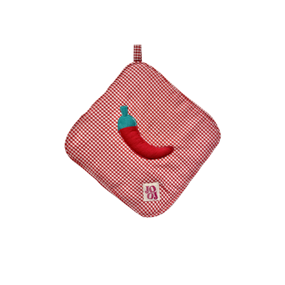 Ensemble manique + gant piment sur fond vichy rouge