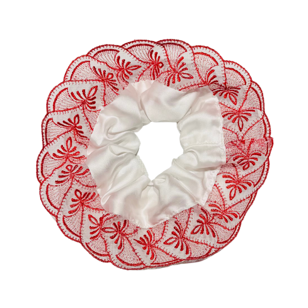 Scrunchy en soie à dentelles vintage rouge