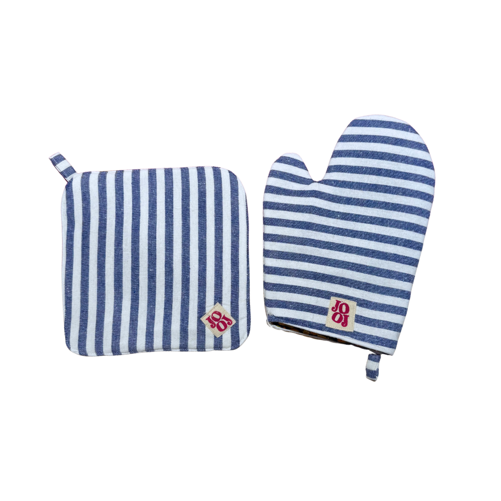 Ensemble manique + gant rayé bleu et blanc