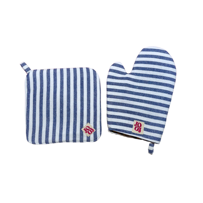 Ensemble manique + gant rayé bleu et blanc