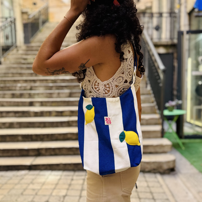 Boursass rayée bleu et blanc à motifs citrons