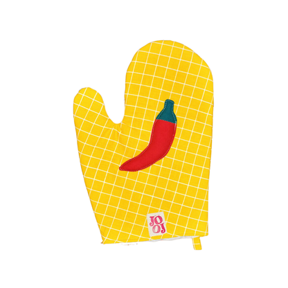 Ensemble manique + gant piment sur fond jaune à carreaux