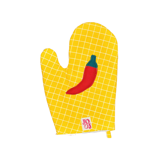 Ensemble manique + gant piment sur fond jaune à carreaux