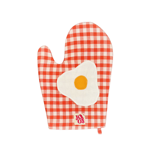 Ensemble manique + gant œuf au plat sur fond vichy corail
