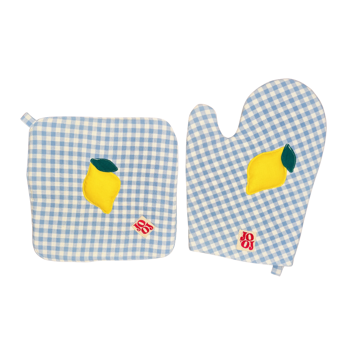 Ensemble manique + gant citron sur fond bleu ciel vichy