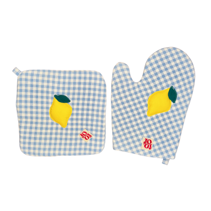 Ensemble manique + gant citron sur fond bleu ciel vichy