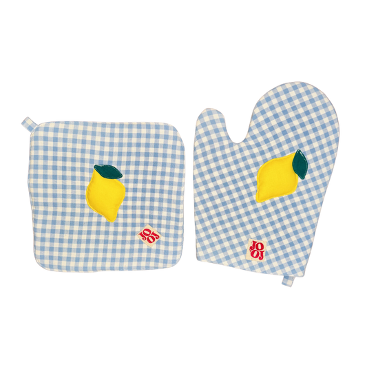Ensemble manique + gant citron sur fond bleu ciel vichy
