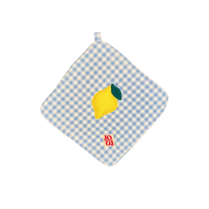 Ensemble manique + gant citron sur fond bleu ciel vichy
