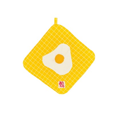 Ensemble manique + gant œuf au plat sur fond jaune à carreaux