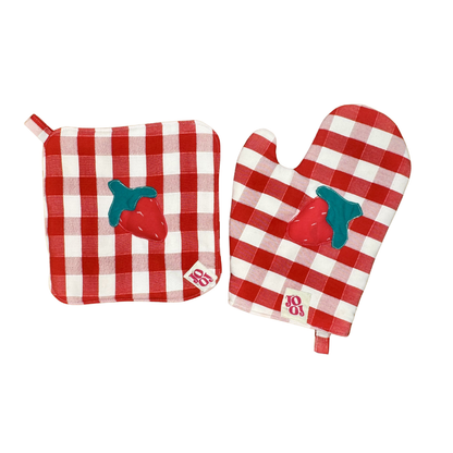 Ensemble manique + gant fraise sur fond vichy rouge