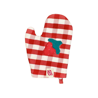 Ensemble manique + gant fraise sur fond vichy rouge