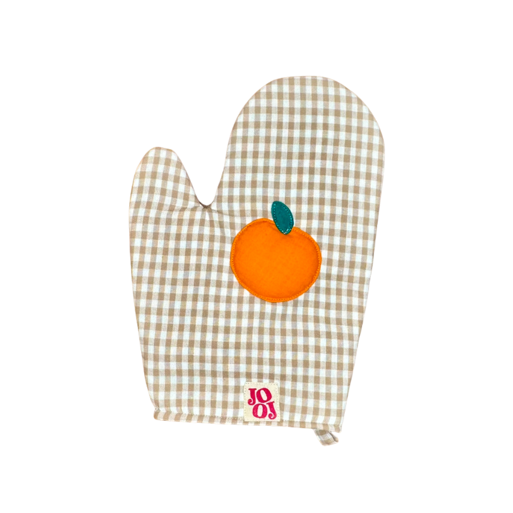 Ensemble manique + gant orange sur fond beige vichy
