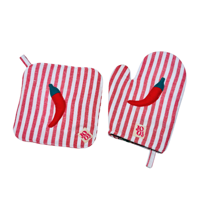 Ensemble manique + gant piment sur fond rayé rouge/blanc