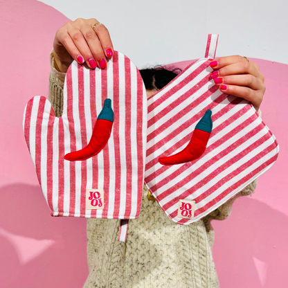 Ensemble manique + gant piment sur fond rayé rouge/blanc