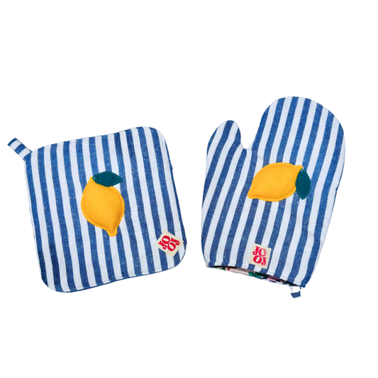 Ensemble manique + gant citron sur fond rayé bleu/blanc