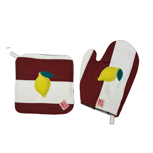 Ensemble manique + gant citron sur fond bordeau et blanc