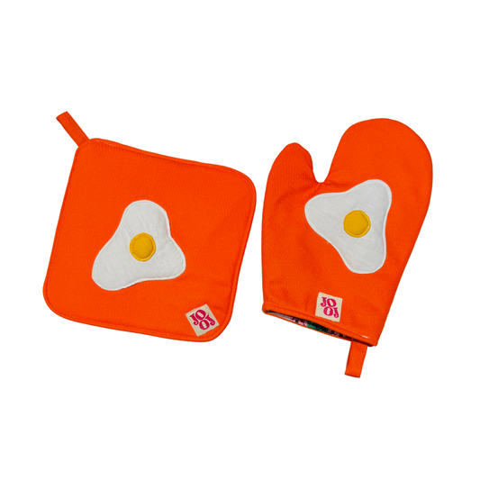 Ensemble manique + gant orange à motif œuf au plat
