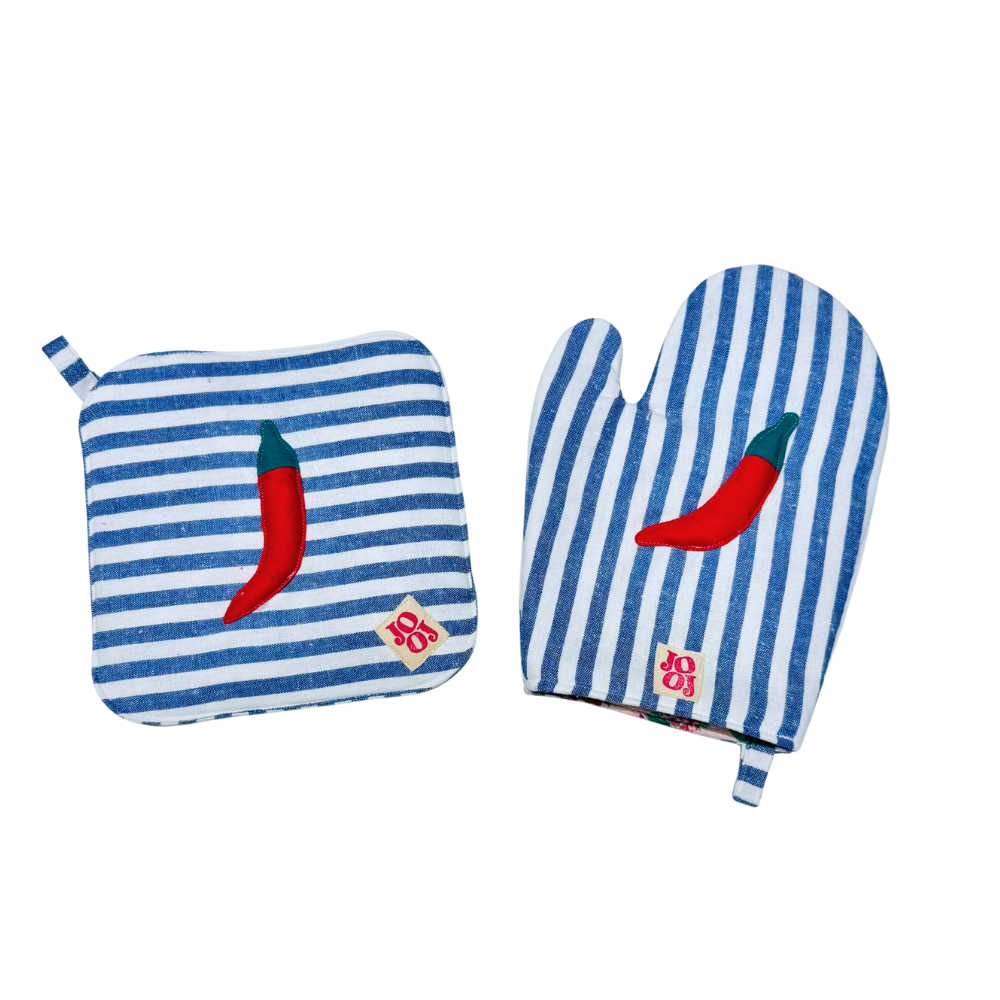 Ensemble manique + gant piment sur fond rayé bleu/blanc